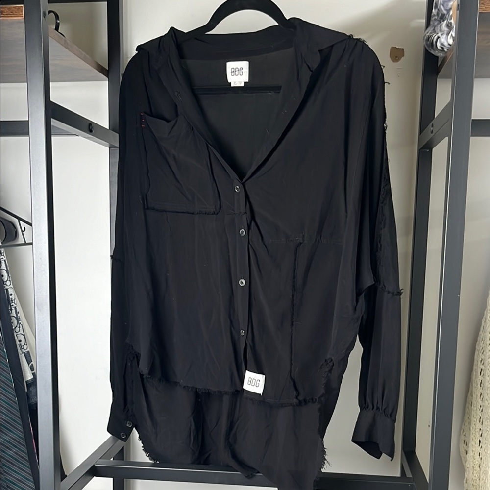 BDG Black V-Neck Long Sleeve Button Down Shirt